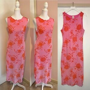 Sleeveless Pink & Orange Floral Mesh Midi Dress
